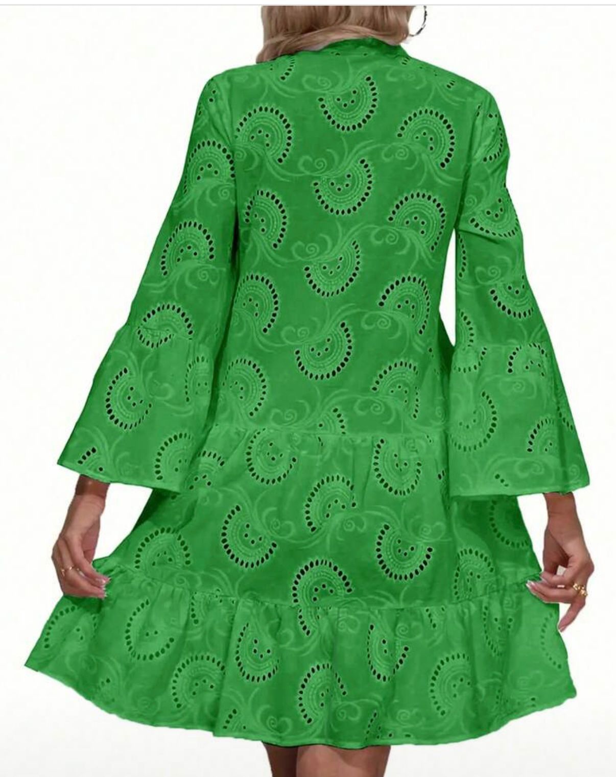 Women’s loose V-neck shirt dress with flared sleeves and patchwork design