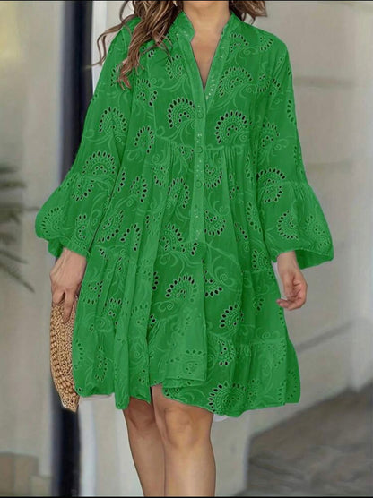Women’s loose V-neck shirt dress with flared sleeves and patchwork design