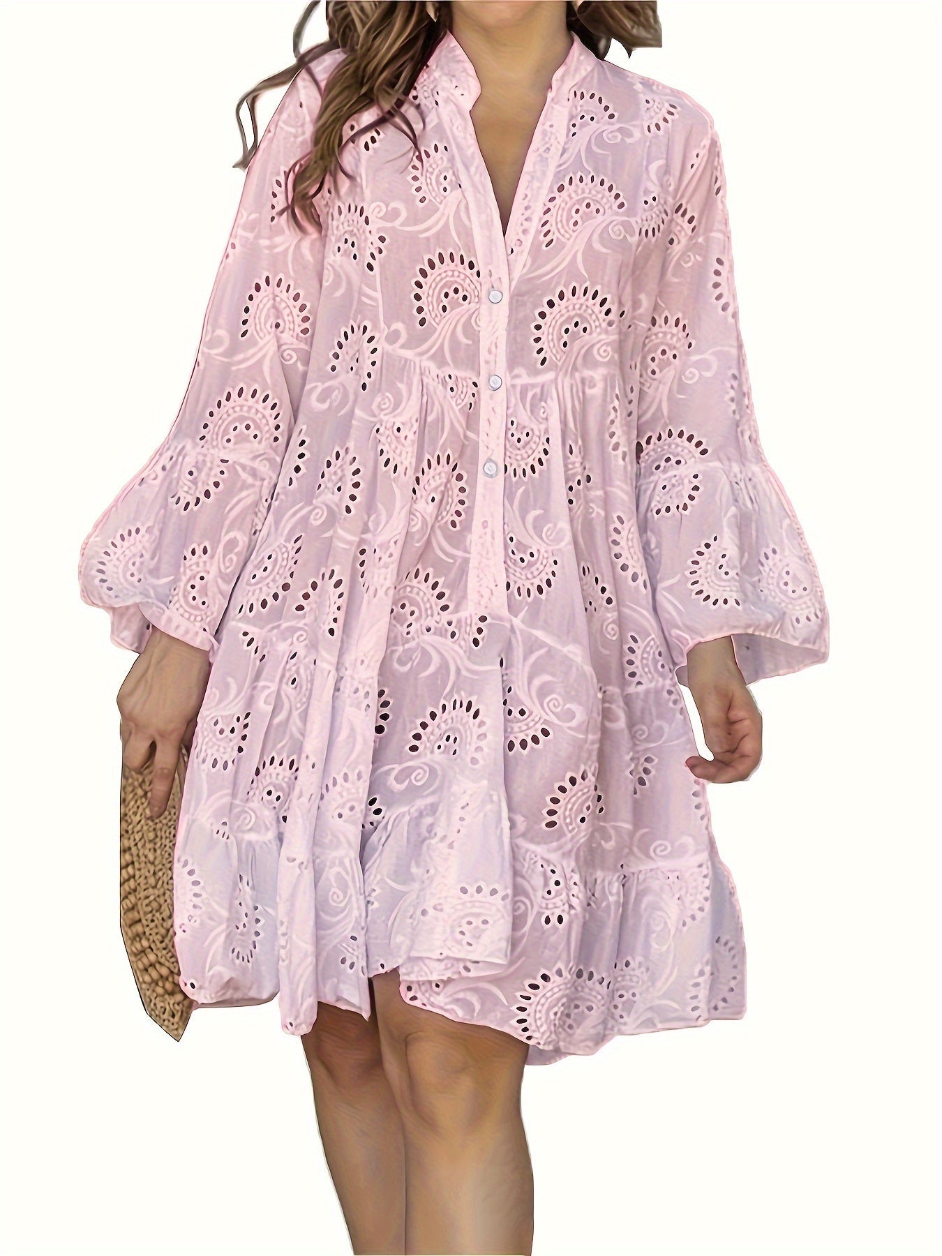 Women’s loose V-neck shirt dress with flared sleeves and patchwork design