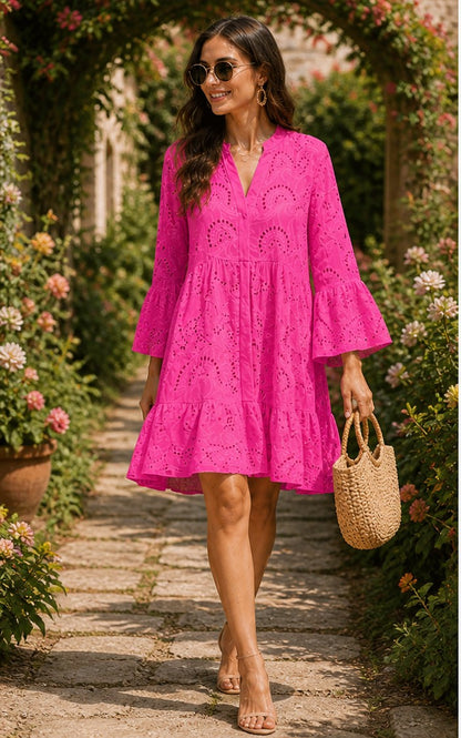 Women’s loose V-neck shirt dress with flared sleeves and patchwork design