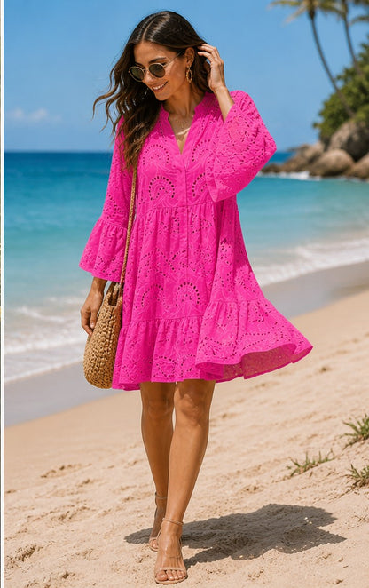 Women’s loose V-neck shirt dress with flared sleeves and patchwork design
