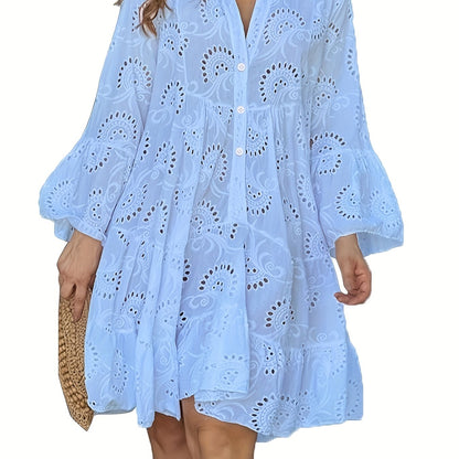 Women’s loose V-neck shirt dress with flared sleeves and patchwork design