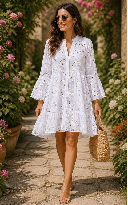 Women’s loose V-neck shirt dress with flared sleeves and patchwork design